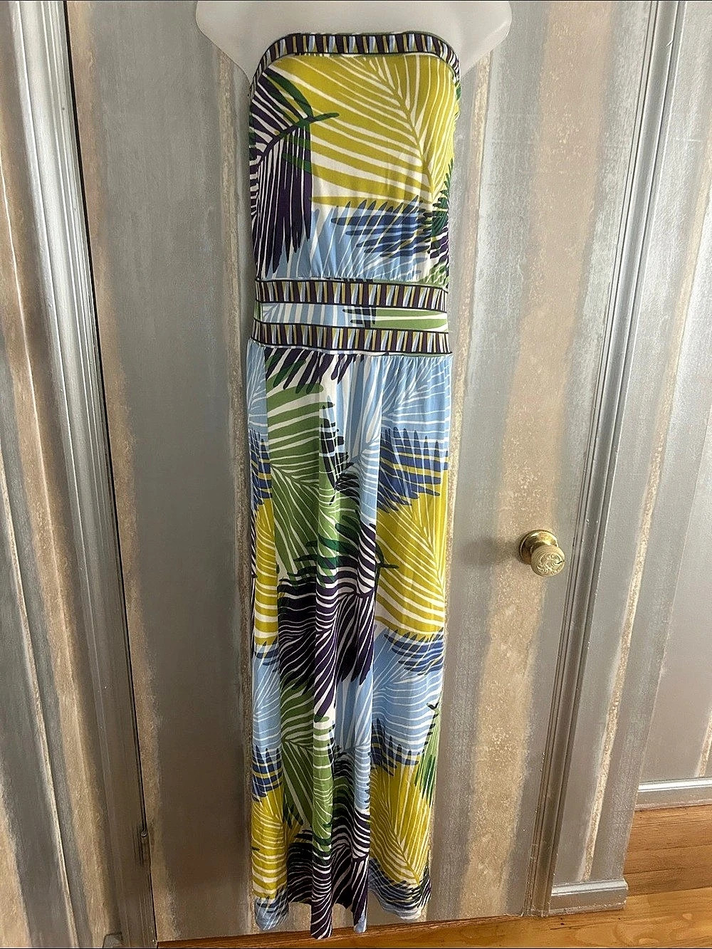 BCBGMAXAZRIA Palm Frond Printed Strapless Dress Maxi Dress Green & Yellow Small